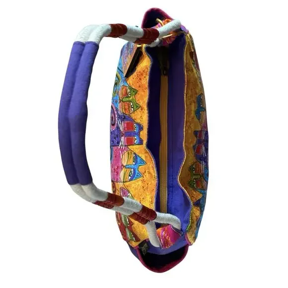 Laurel Burch Fantasticats Purse Shoulder Bag 6 Cats Zip Canvas Wood Bag Charm - Picture 8 of 15